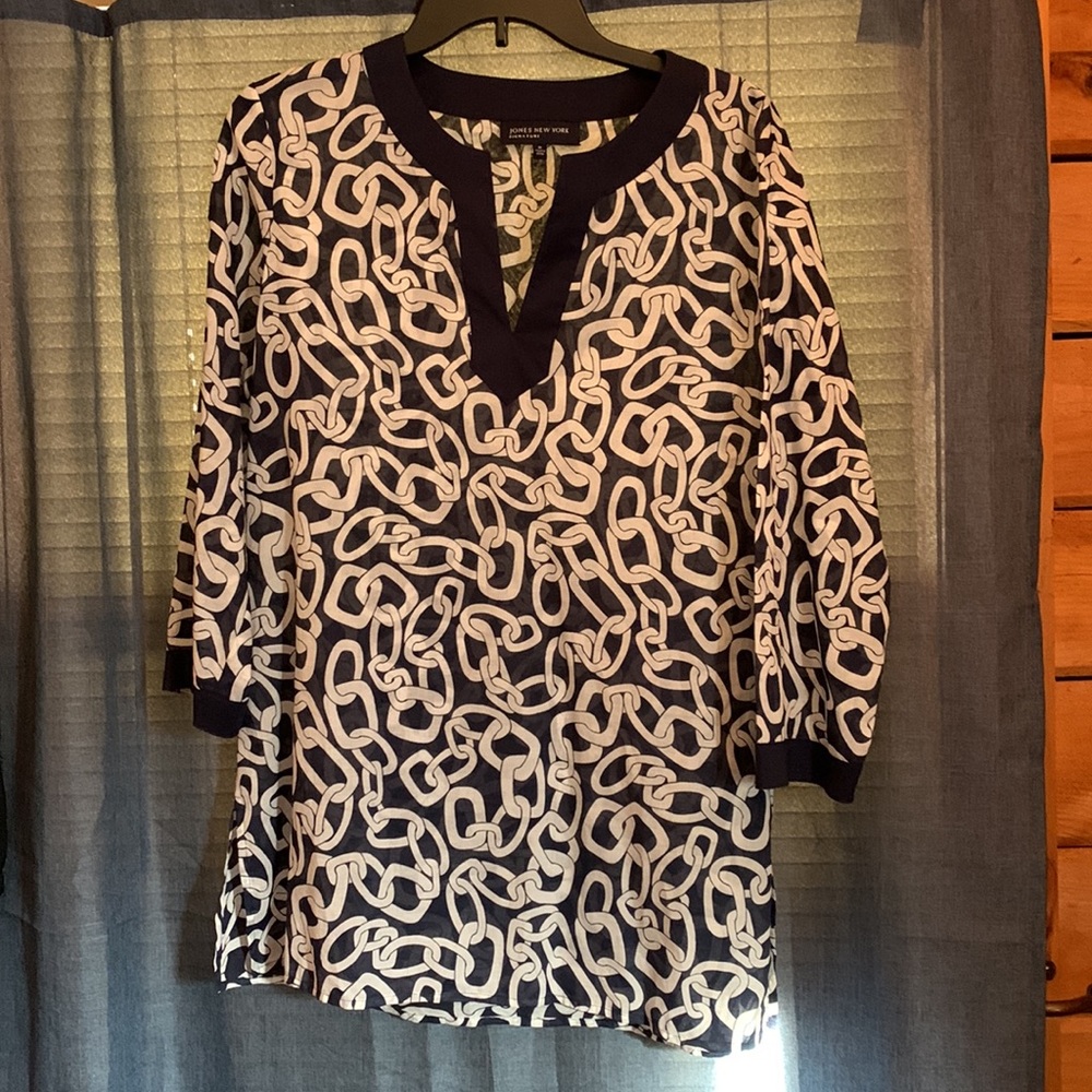 Jones New York Signature Navy and White Sz M Chain Link design cotton 3/4 sleeve